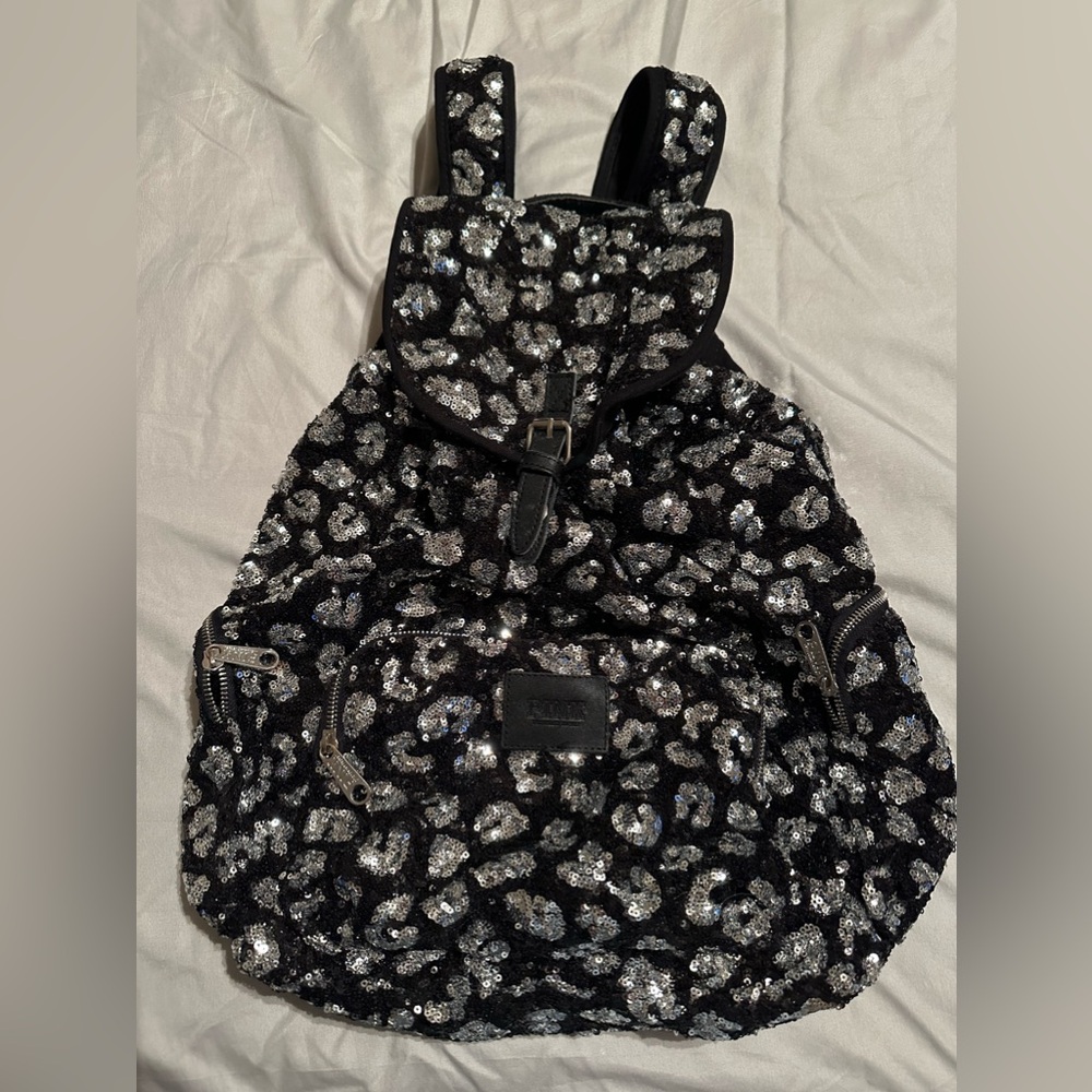 PINK Black and Silver sequin leopard bling Backpack Bookbag
